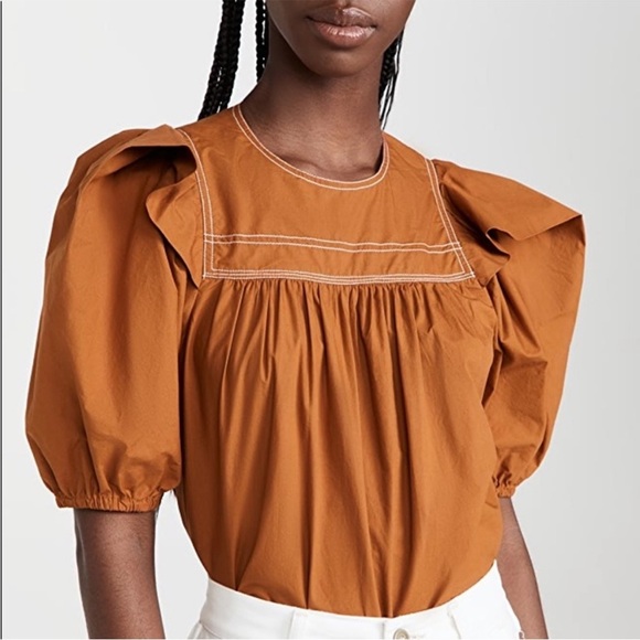 Ulla Johnson Tops - Ulla Johnson Zanna Top, Sumac / Orange Brown Puff Sleeve with white embroidery